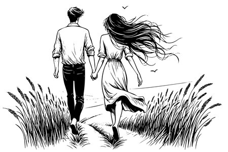 A man and woman are walking together in a field. The man is holding the woman's handのイラスト素材