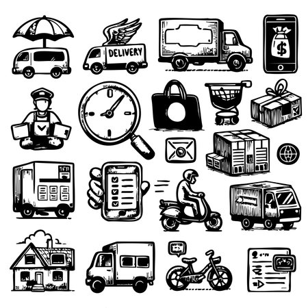 A collection of black and white drawings of various delivery vehicles and people. Scene is busy and bustling, with a focus on the importance of timely deliveriesのイラスト素材