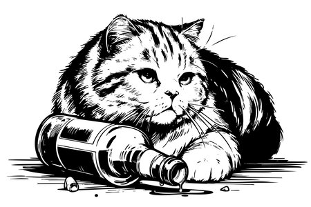 A cat is laying on a table with a bottle of alcohol next to it. The cat appears to be looking at the bottle, possibly curious or intrigued by it. Concept of relaxation and leisureのイラスト素材