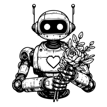 A robot is holding a rose in its hand. The robot is wearing a heart on its chestのイラスト素材