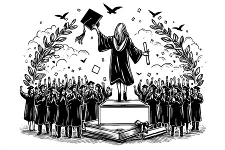 A graduation ceremony with a woman holding a cap and gown. The crowd is cheering and the woman is standing on a podiumのイラスト素材