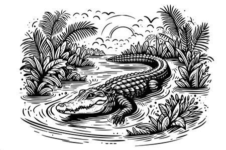 A black and white drawing of a crocodile in a river. The drawing is of a crocodile swimming in a river with a sunset in the backgroundのイラスト素材