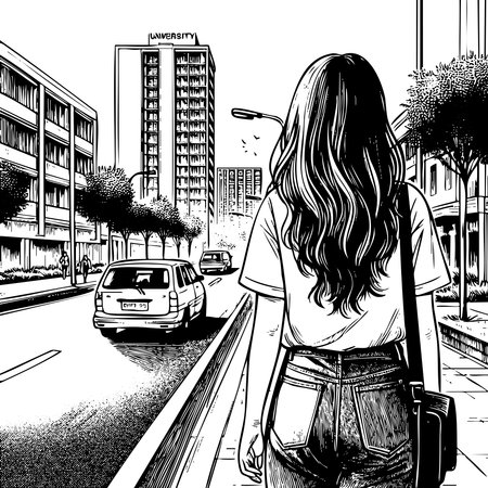 A woman walks down a city street with a backpack. The scene is set in a city with tall buildings and cars on the road. The woman is in a hurry, and the overall mood of the image is busy and bustlingのイラスト素材
