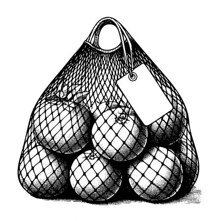 A bag of fruit with a tag on it. The fruit is oranges. The bag is hanging from a handleのイラスト素材