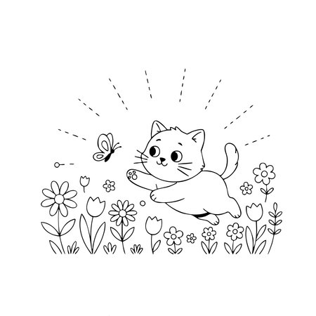 A cat is chasing a butterfly in a field of flowers. The cat is in the middle of the image and the butterfly is on the right side. The flowers are scattered throughout the fieldのイラスト素材