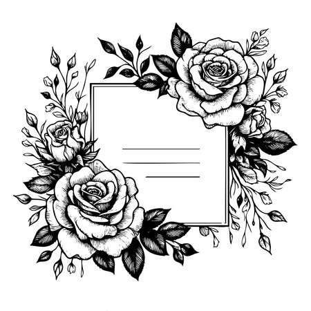 A black and white drawing of a rose with a white frame. The roses are in various sizes and are scattered throughout the frame. The drawing conveys a sense of elegance and beautyのイラスト素材