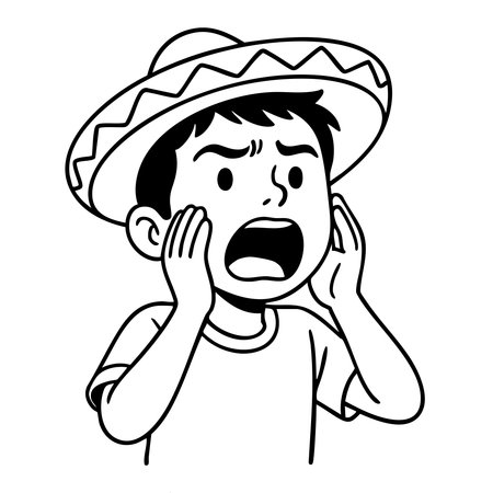 A Mexican boy in sombrero holds his hands to his face and screams in surprise.のイラスト素材