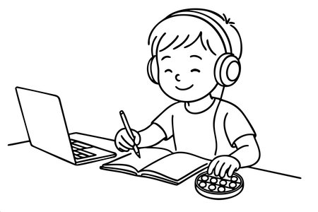 A boy is sitting at a desk with a laptop and a pen. He is writing in a notebookのイラスト素材