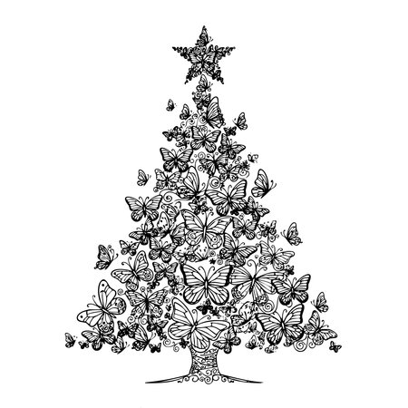Christmas tree made of butterflies, sketch.のイラスト素材