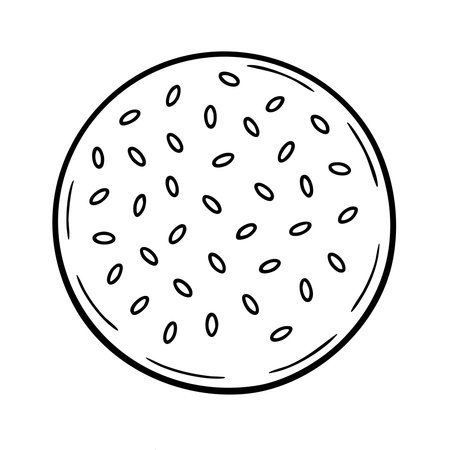 A close up of a round food item with a lot of small seeds on it. The food item is a type of bread or pastryのイラスト素材