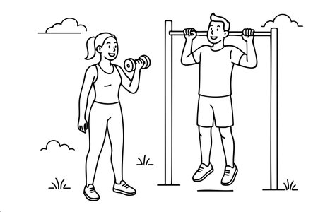 Minimalist vector illustration of a young man and woman working out at an outdoor gym. Man doing...