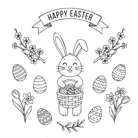 Festive vector line art set featuring a cute rabbit with a basket, decorated Easter eggs, blooming cherry branches, and spring flowers. Traditional holiday symbols in sketch style.のイラスト素材