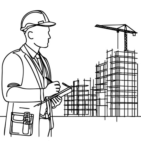 Minimalist vector illustration of an engineer in a hard hat holding a clipboard in front of a building under construction with a crane. Professional civil engineering sketch.のイラスト素材