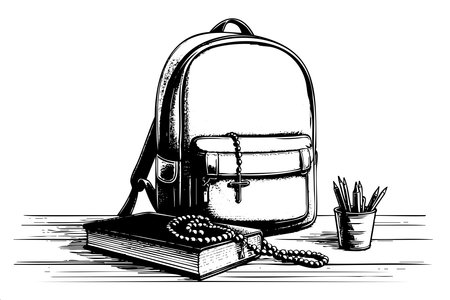 Black and white vector illustration of a school backpack with a cross necklace, a book, and pencils. Concept of religious education, faith-based learning, and spiritual journey.のイラスト素材