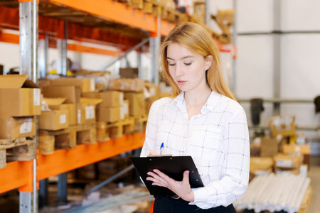 Focused young female supervisor writing on a clipboard while performing inventory in a large distribution warehouse with orange shelves and stock boxes. Concept of professional logistics.の写真素材