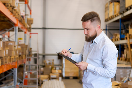 A bearded warehouse manager in a striped shirt carefully writes inventory data on a clipboard, surrounded by tall shelves of boxes. Perfect for themes of logistics, accuracy, supply chain control, and operational supervision.の写真素材