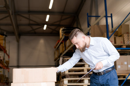 Male logistics manager leaning over cardboard boxes to verify stock. Professional supervisor with clipboard conducting a quality audit in a storage facility. Concept of order fulfillment and delivery.の写真素材