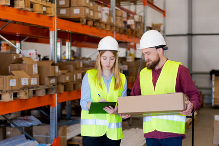 Male and female distribution center employees reviewing package information on clipboard while...