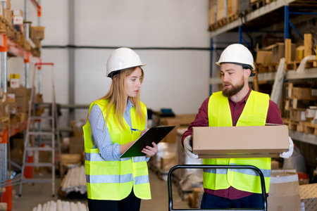Male worker holding cardboard box while female supervisor reviews documentation on clipboard....