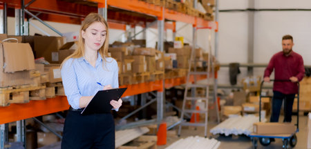 Professional logistics team in a warehouse. Female manager writing on a clipboard while male worker in a red shirt moves goods with a platform trolley in the background.の写真素材