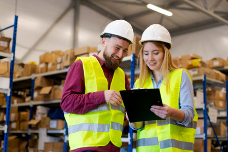 Male and female warehouse employees in safety vests and hard hats smiling while checking clipboard in distribution center with storage shelvesの写真素材