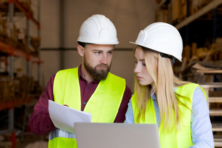 Concentrated male and female workers analyzing document and laptop screen. Problem solving and...