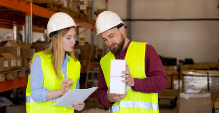 Female worker gesturing while discussing document as male colleague examines white box. Product...