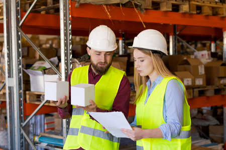 Male worker showing white box while female colleague reviews documentation. New product introduction...