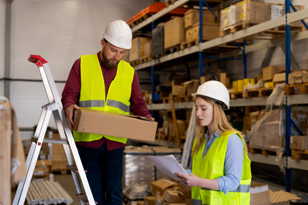 Male holding employee cardboard box near ladder while female colleague checks documentation. Order...