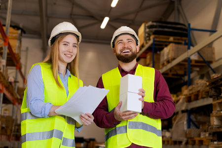 Laughing male and female workers with white boxes and documents in distribution center. Team...
