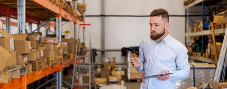 Focused male manager in a light shirt holding a clipboard and pointing with a pen toward warehouse shelves. Concept of professional logistics, stock auditing, and supply chain management.の写真素材