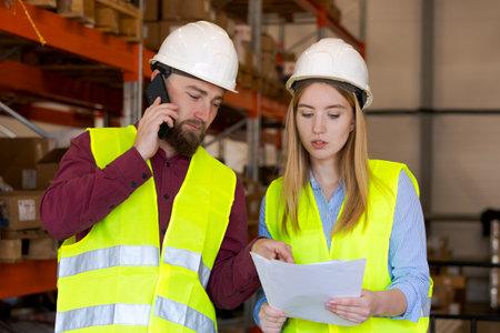 Male worker on mobile while female colleague reviews order documentation. Real-time client...