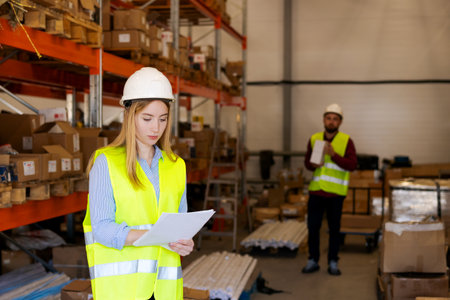 Focused woman reviewing documents while male colleague works in background. Individual...