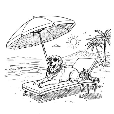 Happy dog wearing sunglasses and lei relaxing on lounge chair under umbrella. Pet lifestyle illustration for summer travel products and greeting cardsのイラスト素材