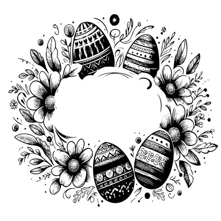 A beautiful circular frame featuring spring flowers, leaves, and patterned Easter eggs. Detailed black and white vector sketch with central copy space for your text.のイラスト素材