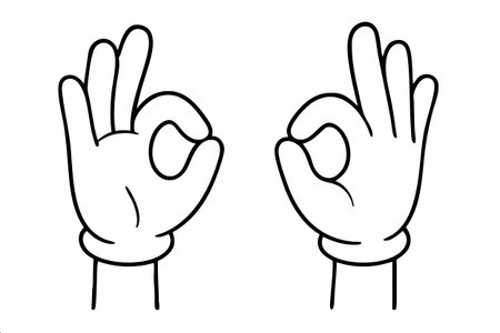 Two hands in white cartoon gloves showing the OK gesture. Minimalist black and white line art representing success, approval, and positivity. Simple vector doodle.のイラスト素材