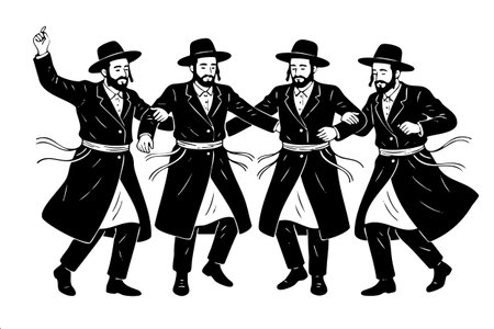 Detailed black and white illustration of five Orthodox Jewish men dancing in row with linked armsのイラスト素材
