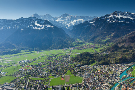 Beautiful view of the river and the house to Interlaken, Switzerlandの写真素材