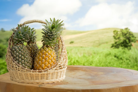 Pineapples in a basket on a wooden table with nature backgroundの写真素材