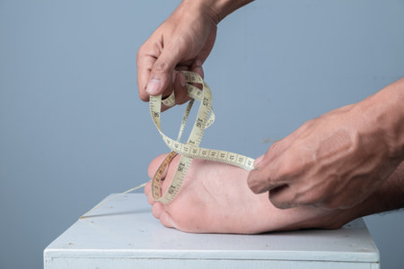Man measuring his foot with a tape measure on grey background, closeupの写真素材