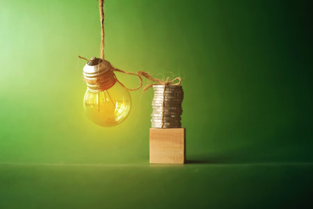 Idea concept with light bulb and stack of coins on green backgroundの写真素材