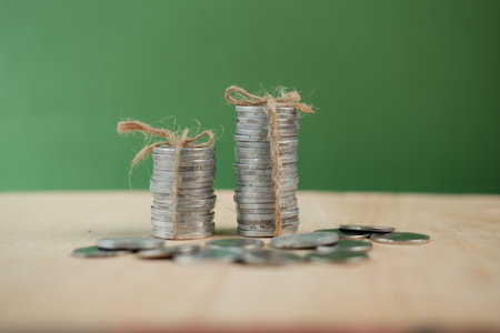 Coins stacked on each other in different positions, with green backgroundの写真素材