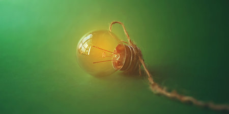 Vintage light bulb on green background. Concept of idea and innovation.の写真素材