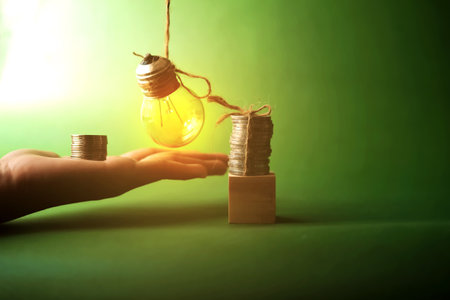 Hand holding light bulb and stack of coins on green background. Business idea conceptの写真素材