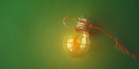 Vintage light bulb on green background with copy space for text.の写真素材