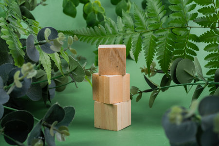 Wooden cubes with eucalyptus branches on green background
