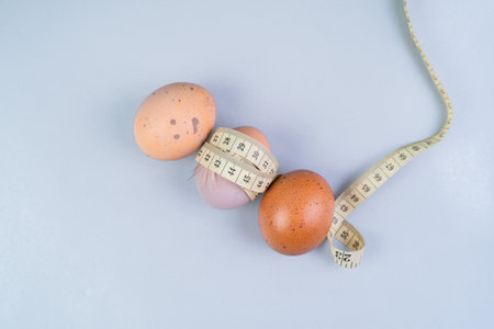 Eggs and measuring tape on white background. Diet concept.の写真素材