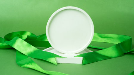 White round gift box with green ribbon on green background, closeupの写真素材