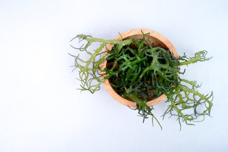 Green seaweed in a wooden bowl isolated on white background, top viewの写真素材