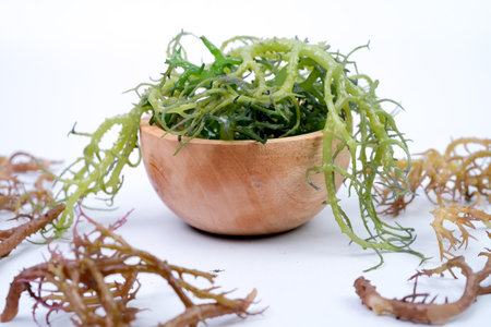 Green seaweed in a wooden bowl isolated on white background. Close up.の写真素材